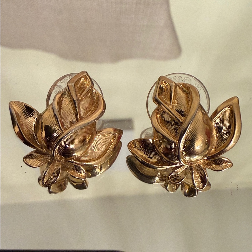 TRIFARI Brushed & Polished Rose Earrings ~ 1960s